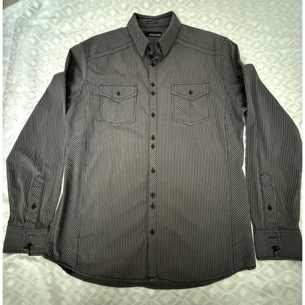 Buckle Black Men's Striped Button Up Shirt Large L Athletic Fit Long Sleeve